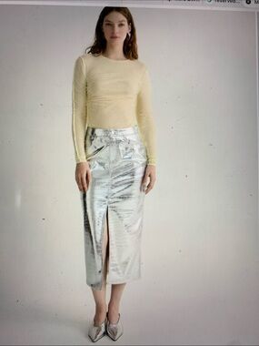 New Reserved Metallic Silver Midi Pencil Skirt with Front Slit